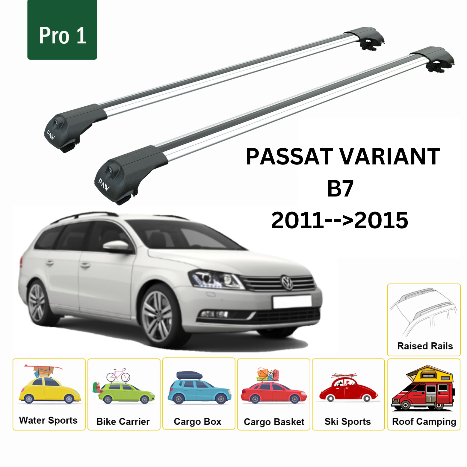 For Volkswagen Passat Variant B7 2011-15 Roof Rack Cross Bar Raised Rail Alu Silver For Volkswagen Passat Variant B7 2011-15 Roof Rack Cross Bar Raised Rail Alu Silver